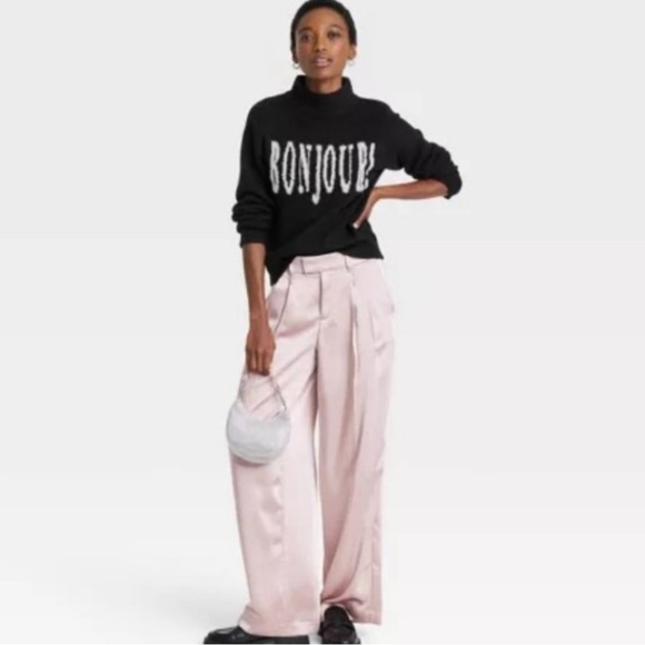 Women's Crewneck Graphic Pullover Sweater - A New Day™ Black “Bonjour” M NWT - Picture 3 of 3